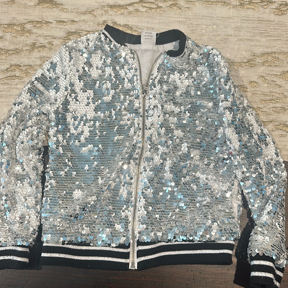 Girls Sequin Bomber jacket silver or white size small 6-6x